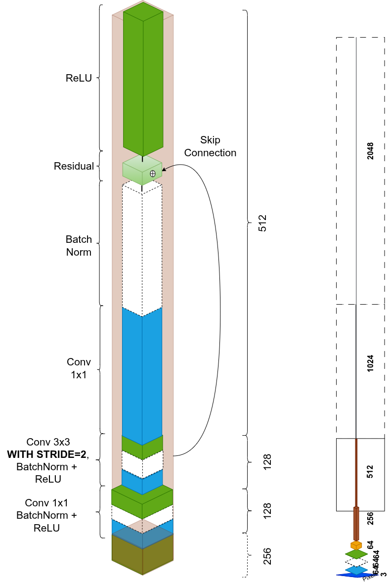 Subsequent bottleneck stages: stride=2 on 3×3 conv, channels grow 256 → 512 → 1024 → 2048