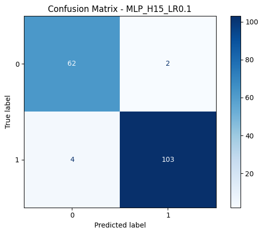 Matrice di confusione per MLP_H15_LR0.1: 62 TN, 2 FP, 4 FN, 103 TP