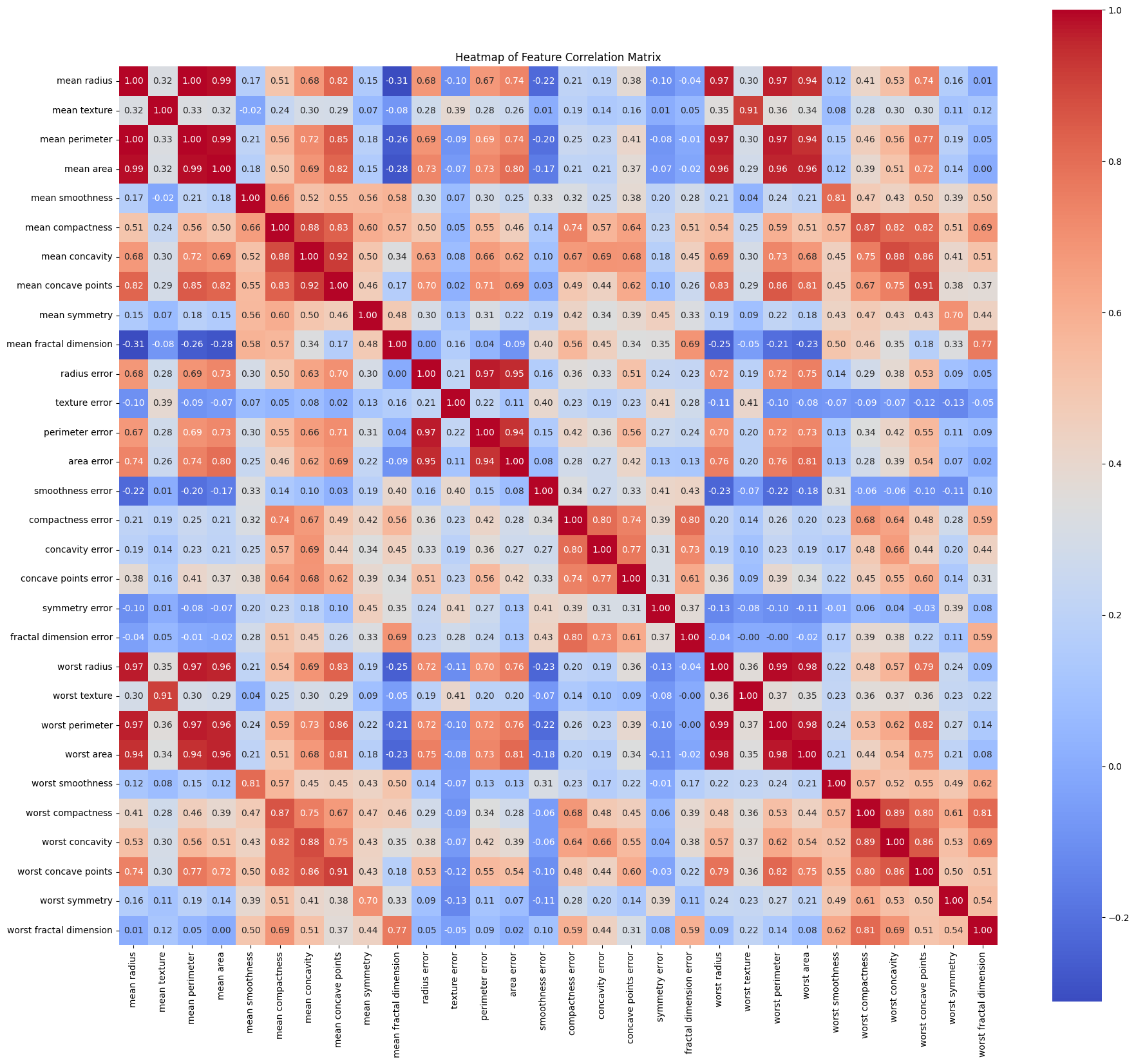 Heatmap di correlazione delle feature: alcune feature sono fortemente correlate, es. raggio, perimetro e area sono quasi identiche